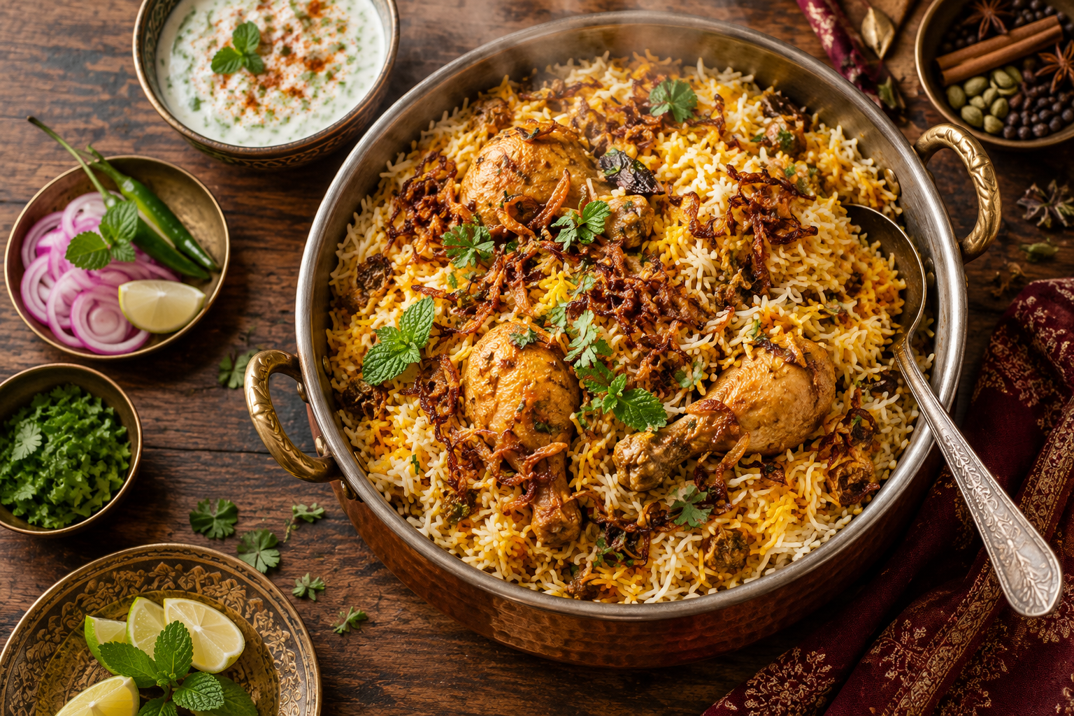Chicken biryani in a serving dish
