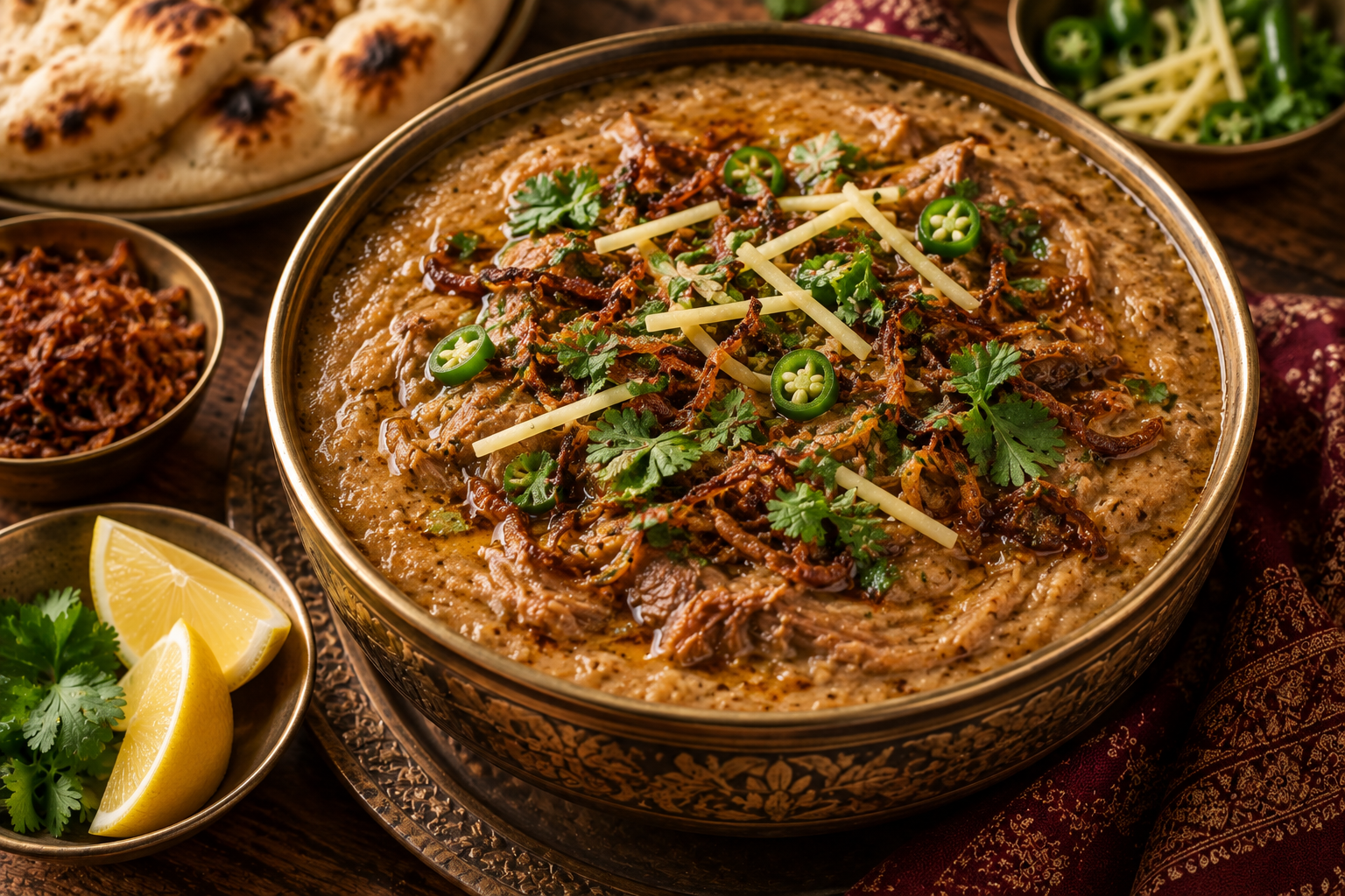 Haleem with traditional garnishes